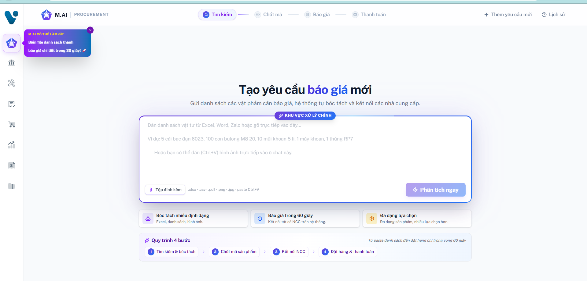 Giao diện M.ai Procurement trong VARIN tạo yêu cầu báo giá