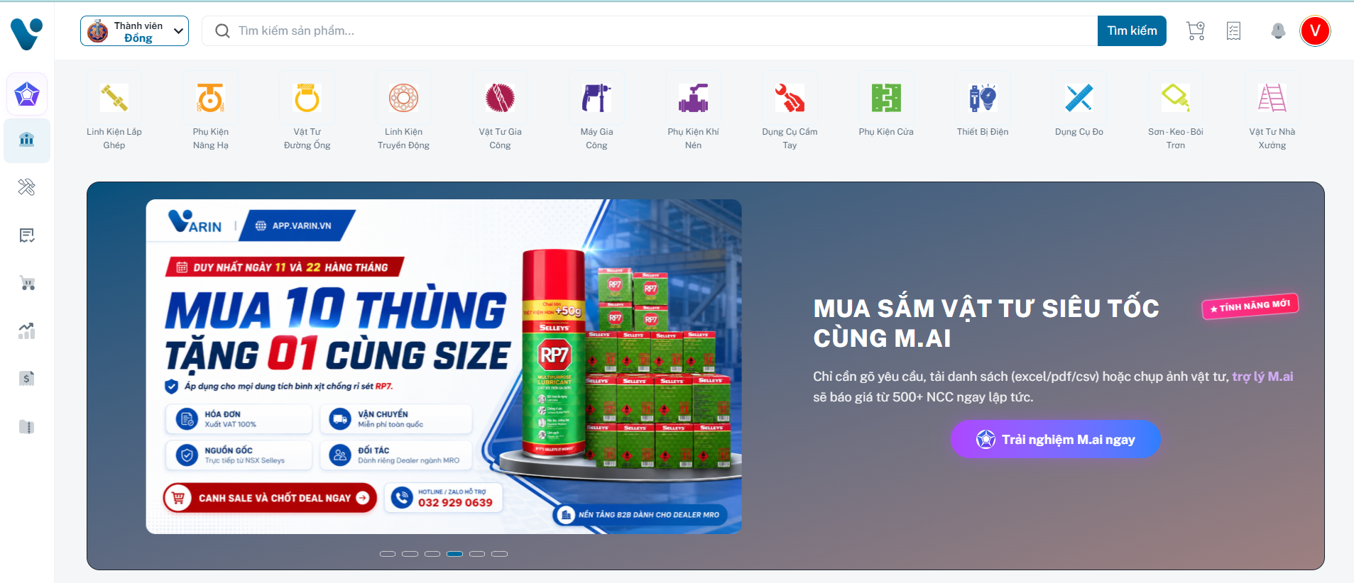 Giao diện trang chủ VARIN với danh mục sản phẩm và M.ai